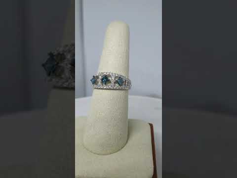 14kt White Gold Caribbean Blue & White Diamond Ring , 3 Princess Cut Diamonds