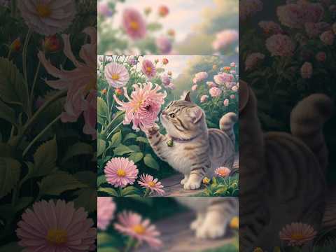 A cat sniffing or playfully interacting with a blooming flower Image prompts ofcute cat #cat #foryou