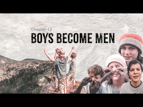 Chapter 12 title and a group of boys on a hill raising their arms, with close-up faces showing dirt on hands to convey maturity themes.