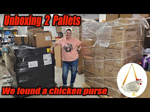 Unboxing 2 pallets of Products - We found a Chicken purse! We also found wind spinners.