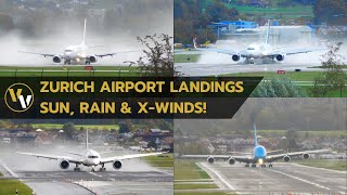 Temperamental weather at Zurich Airport - awesome crosswind landing show on RWY 28!