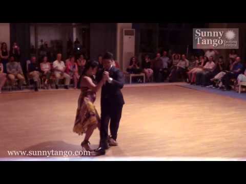  Sebastian Jimenez  and  Maria Ines Bogado  are  dancing  to  the  vals  "  Desde el Alma  "  by  Osvaldo Pugliese  at  Sunny Tango Festival  in  2014