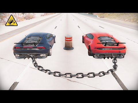CHAINED Cars Vs Bollard - Giant Chain and Hammer Crashes!!!