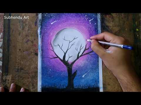How to draw the Moon behind the dried tree with oil pastel.