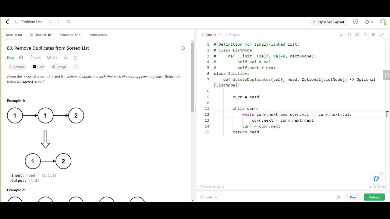 Uber Interview Question - Remove Duplicates From Sorted List- Leetcode 83- Python