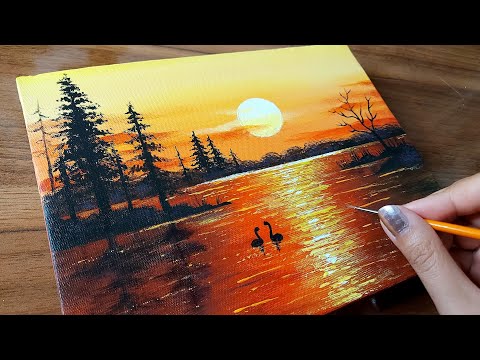 Amazing lake sunset painting/Learn Acrylic Painting for Beginners step-by-step