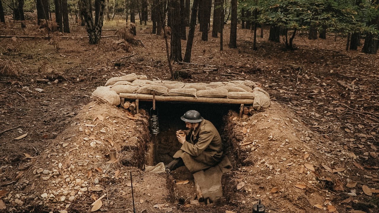 Building dugout survival shelter - Bushcraft log roof, sandbags ww2 style