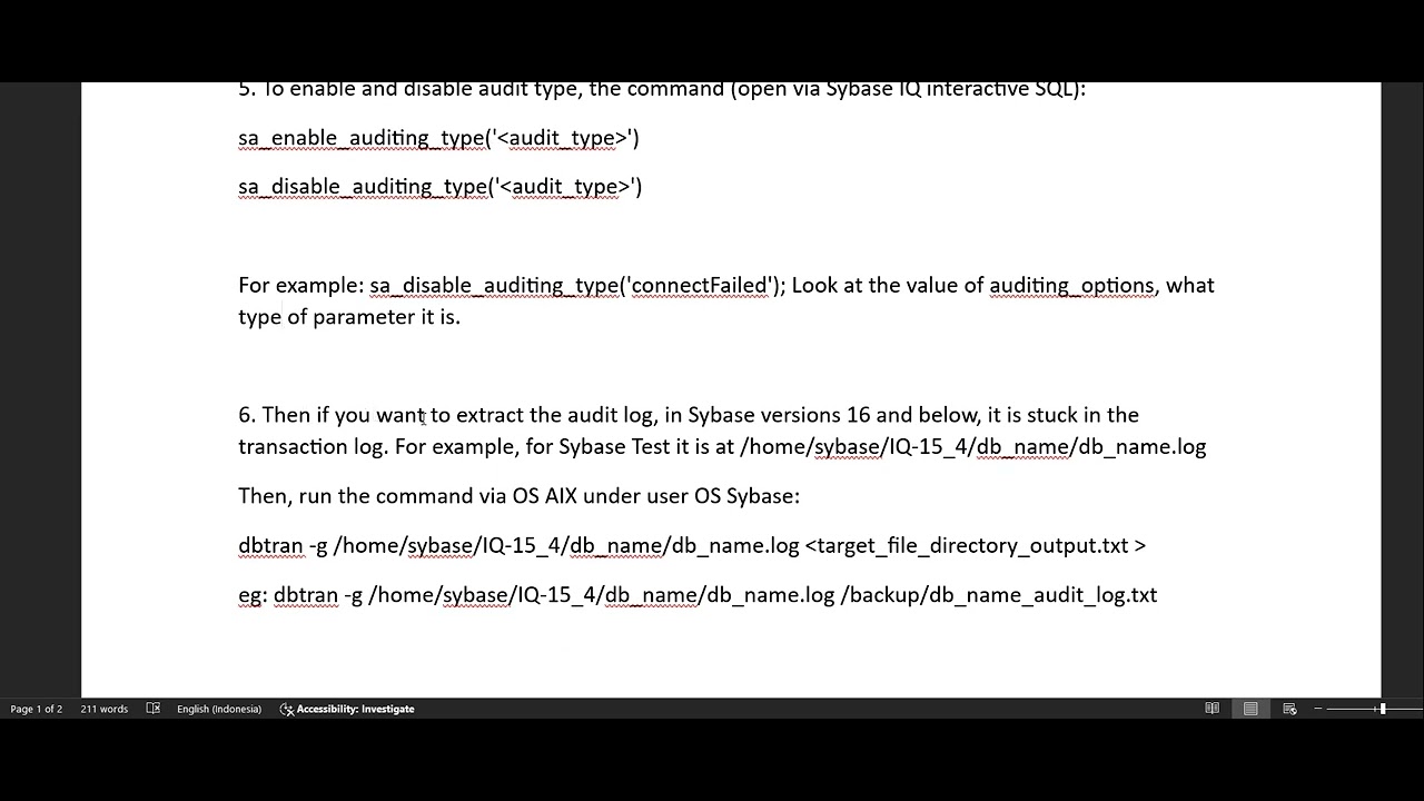 Activation of Auditing parameters on Sybase IQ 15 4 and Extract the audit log