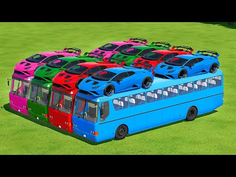 LOAD AND TRANSPORT LAMBORGHINI CARS WITH BUSES AND KAMAZ TRUCKS - FARMING SIMULATOR 22