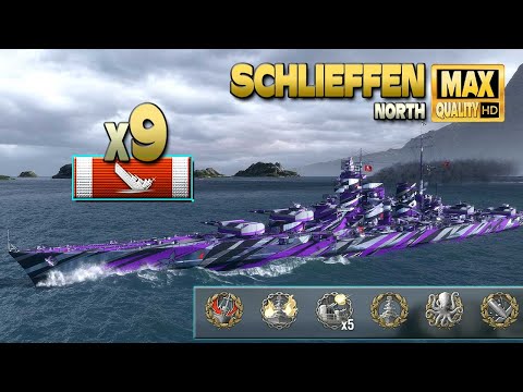 Schlachtschiff Schlieffen mit 9 zerstörten Schiffen auf der Karte Nord – World of Warships