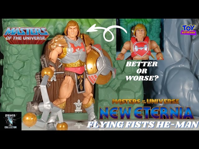 Vídeo relacionado con Masters of the Universe Masterverse He-Man Flying Fists Figura de acción, juguete de 17,8cm de New Eternia de MOTU con arma giratoria y escudo, 30 articulaciones, JBP75