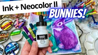 🎨 Neocolor II + Acrylic Ink ➰ Freestyle Sketchbook Bunnies 🐇
