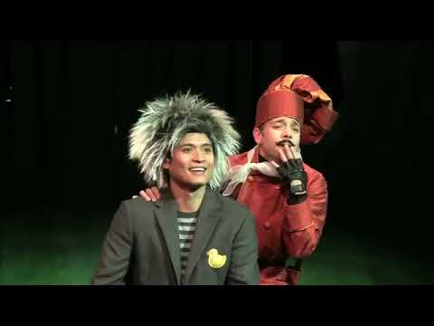 Trailer still for a stage production of HONK! showing barnyard ensemble mid-number