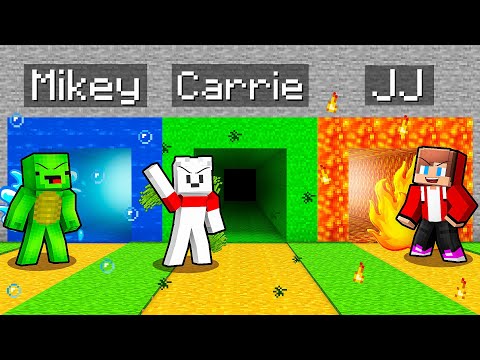 JJ vs Mikey vs Carrie: ELEMENTAL TUNNEL BATTLE in Minecraft - Maizen