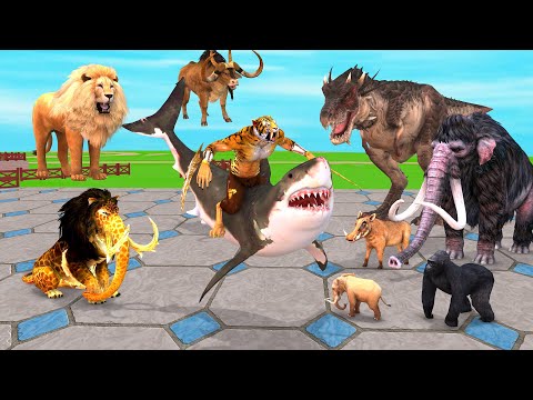 Dinosaurs vs Animals vs Saber Tooth Tiger Speed Race Zigzag Course Animal Revolt Battle Simulator
