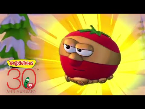 Animated tomato character from VeggieTales is flying with a bright yellow burst background, celebrating the 30th anniversary logo.
