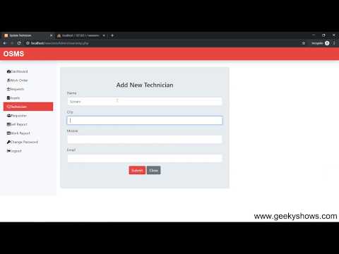 Technician Page of Online Service Management System PHP MySQL Project Hindi