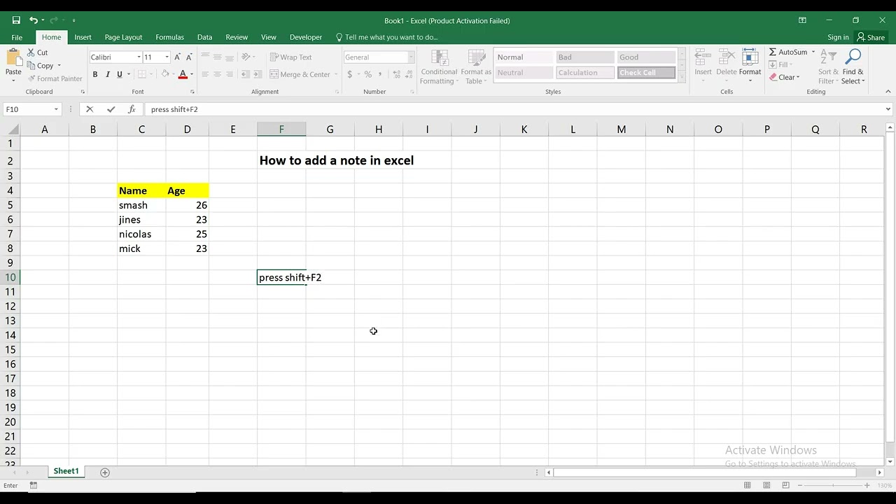 How to add a note in excel