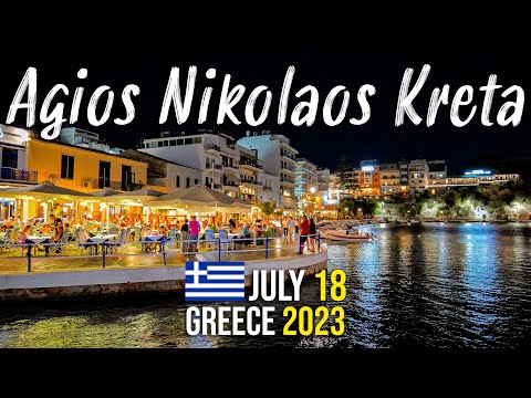 Agios Nikolaos Crete, tranquil night walk in 4k, Kreta, Greece 2023