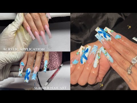 Beach babe nails 🩵 | Watch me work + acrylic application | Summer nail art🩵