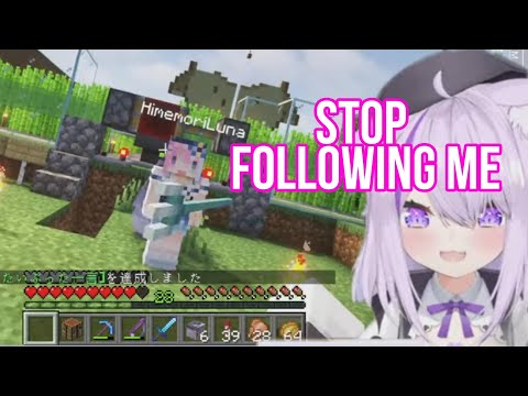 Himemori Luna  Throw Trident At Okayu For Stalking Her | Minecraft  [Hololive/Eng Sub]