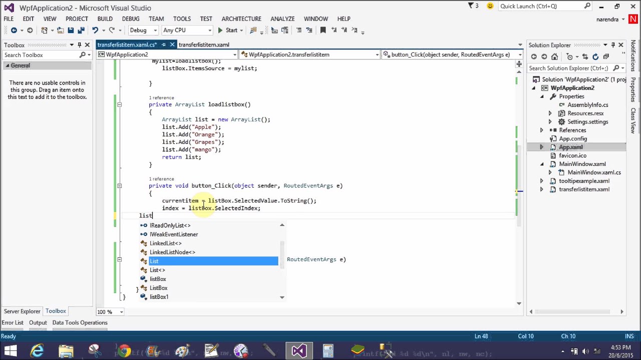 How to transfer one listbox item to another listbox item in wpf