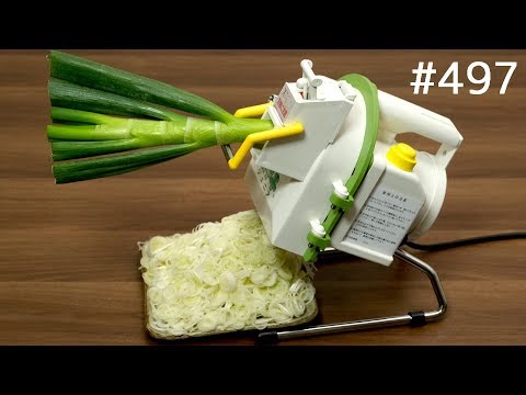 , title : '業務用ネギカッター、早っ！Green onion cutting machine. Japanese leek Automatic slicer'