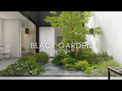 Black Garden: Casa Térrea Minimalista de 7x34m com Jardim Central | Animação 3D Realista