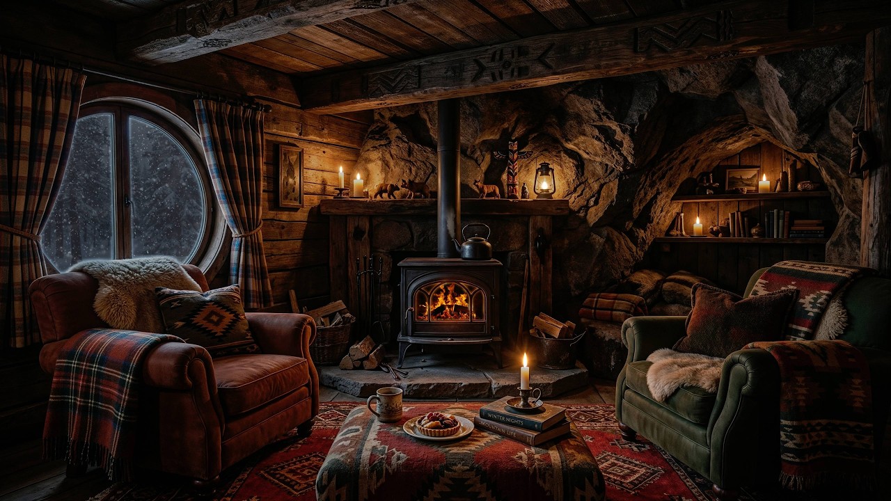 Cave cabin escape | Relax in this Warm Winter Cabin ☕ Fireplace & Wind Sounds