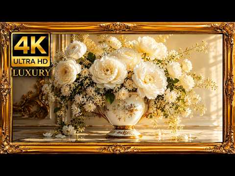 Luxury White Floral Screensaver 4K 🤍✨ | Elegant Gold Frame TV Ambience!