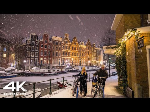 Amsterdam Snow Storm at Night Walk 4K HDR ❄️