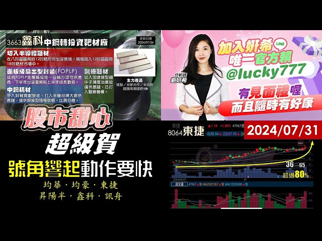 07/31【甜心盤後影音】超級賀！今年累計23檔漲倍股，號角響起動作要快－鑫科、東捷、均華、均豪、訊舟、昇陽半強強滾