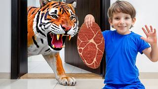 Feeding Giant Tiger at Home! Learn Wild Animals for Kids