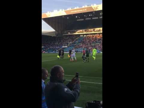 Leeds v Fulham with mascot teasing the Fulham player 16-8-16