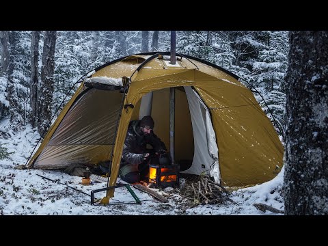 WINTER HOT TENT CAMPING IN SNOWY FOREST