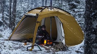 WINTER HOT TENT CAMPING IN SNOWY FOREST