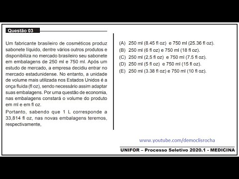 MEDICINA - UNIFOR 2020.1 - QUESTÃO 03 - REGRA DE TRÊS SIMPLES