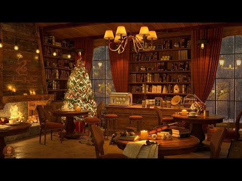 4K Cozy Coffee Shop Ambience 🎄 Christmas Background Jazz Music with Fireplace for Relaxation