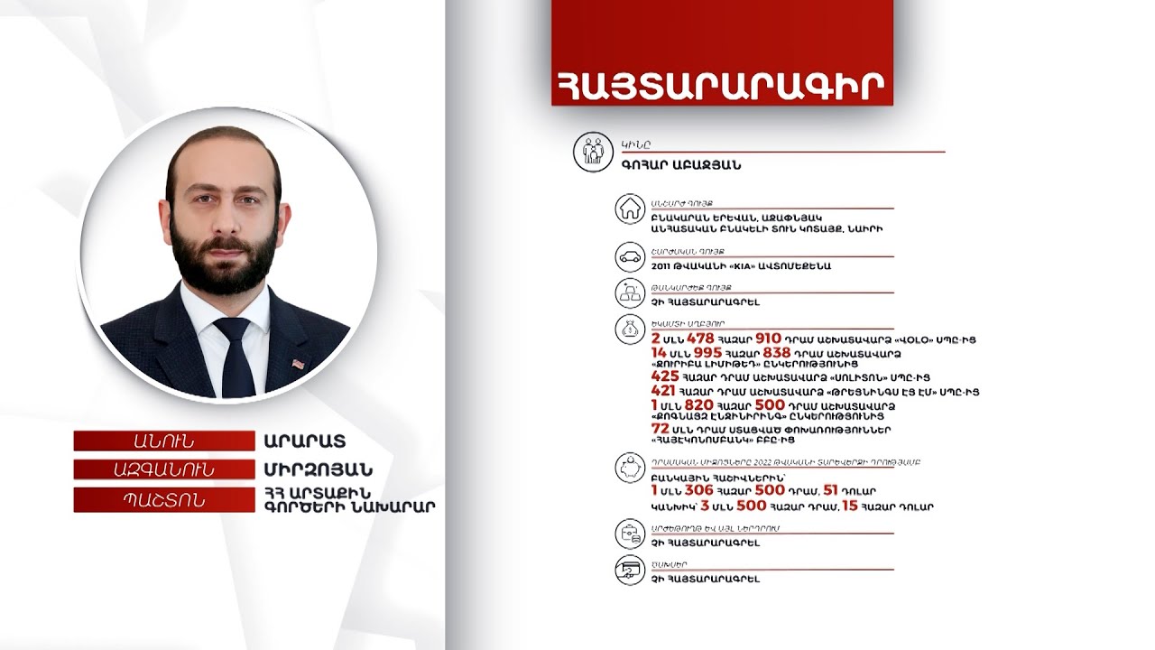 2 անշարժ գույք, 45 հազար դոլար. ՀՀ ԱԳ նախարար Արարատ Միրզոյանի հայտարարագիրը