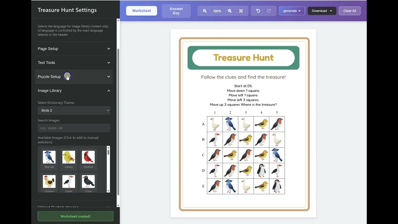 How to Create Treasure Hunt Path-Finding Worksheets with Directional Clues, Two Direction Types, and Auto Answer Keys — Step-by-Step Tutorial