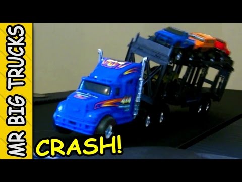 TOY CAR CARRIER TRUCK CRASHES ON TREADMILL: MrBigTrucks101