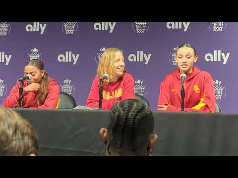 USC's Lindsay Gottlieb, Jazzy Davidson, and Londynn Jones after MASSIVE win over #9 NC State