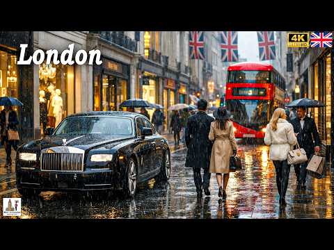 London's West End Area Rainy Walking Tour | How The Rain Makes London Alive! True [4K] | Rain ASMR