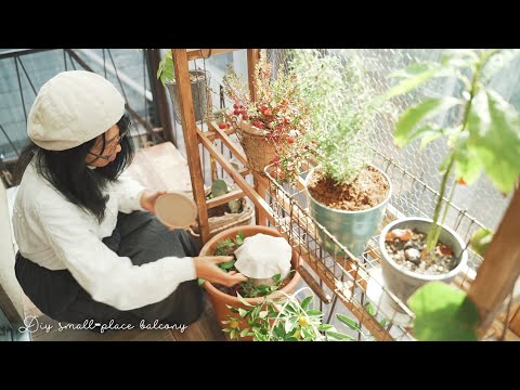 小さなバルコニーのレイアウト、屋外のリビング ルーム、居心地の良い装飾、かわいいみすぼらしいシックな