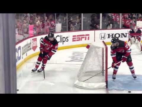 Jack Hughes NJ Devils ON THE GLASS Warmups Before Game 5 vs. NY Rangers 4/27/23