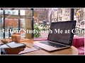 3 HOURS Study with me Cafe| Coffee Shop Ambiance| Background noise| Fire Sound| 4k| Mindful Studying