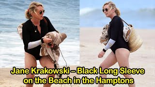 Jane Krakowski – In Black Long Sleeve Swimsuit on the Beach in the Hamptons during Covid 19