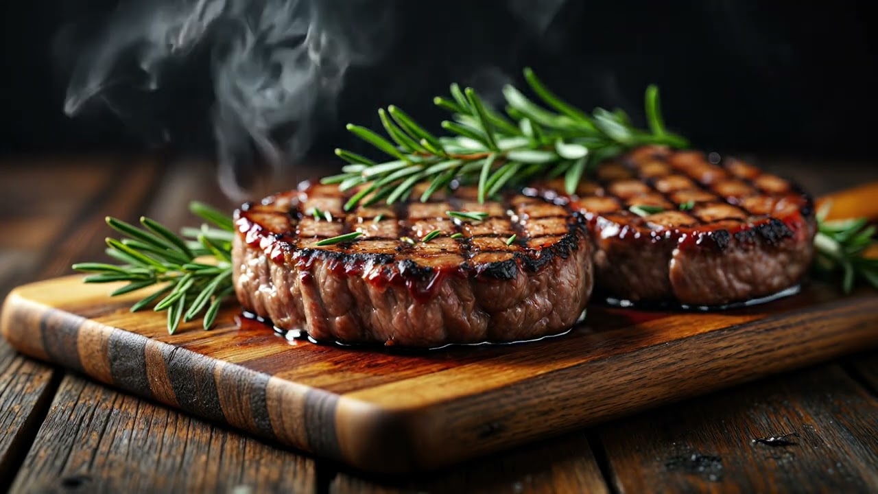 4K Free Stock Footage Grilled Steaks with Rosemary on Wooden Board in Ultra HD