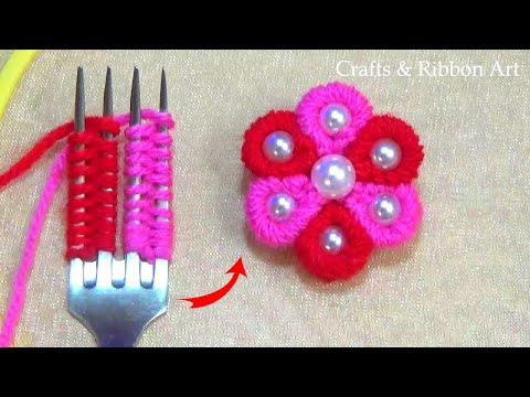 Amazing Trick with Fork - Easy Woolen Flower Making - Hand Embroidery Flower Design - Yarn Flowers