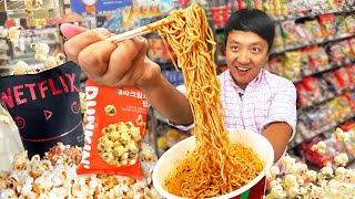 24 Hours Eating ONLY Korean Convenience Store Food & NETFLIX Popcorn | CU vs. GS25 in South Korea